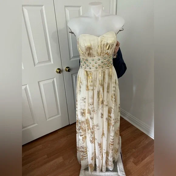 slim fit dress slacks Primavera Couture 4523 Beaded Corset Prom Dress Sequin Slit Gown 0 / Black Gold main image 1
